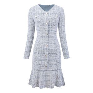 Women's Work Tweed Dress Long Sleeve Cocktail Bodycon Fishtail Dress Light Blue